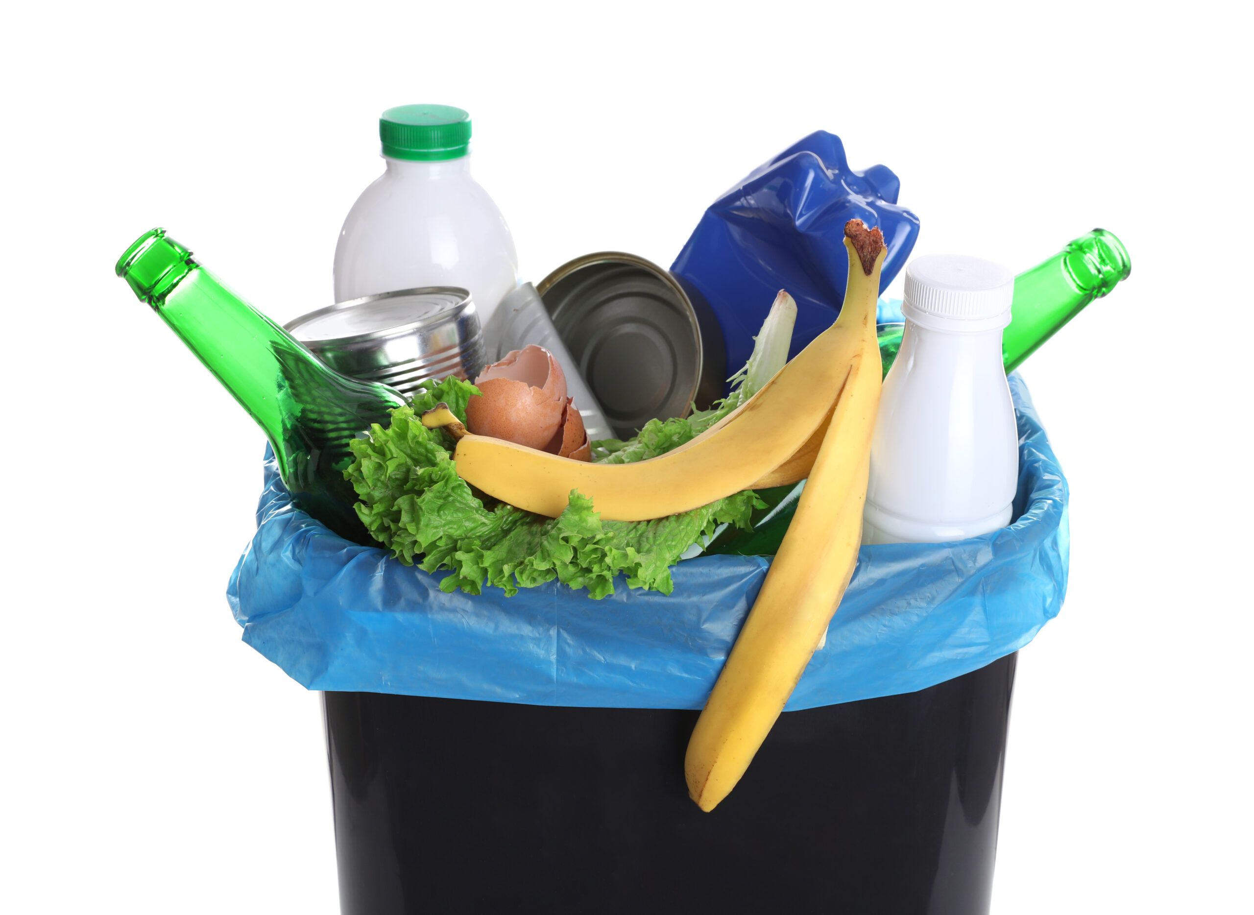 A rubbish bin full of food scraps and packaging, ready to be sorted so it never adds to ocean plastic pollution.