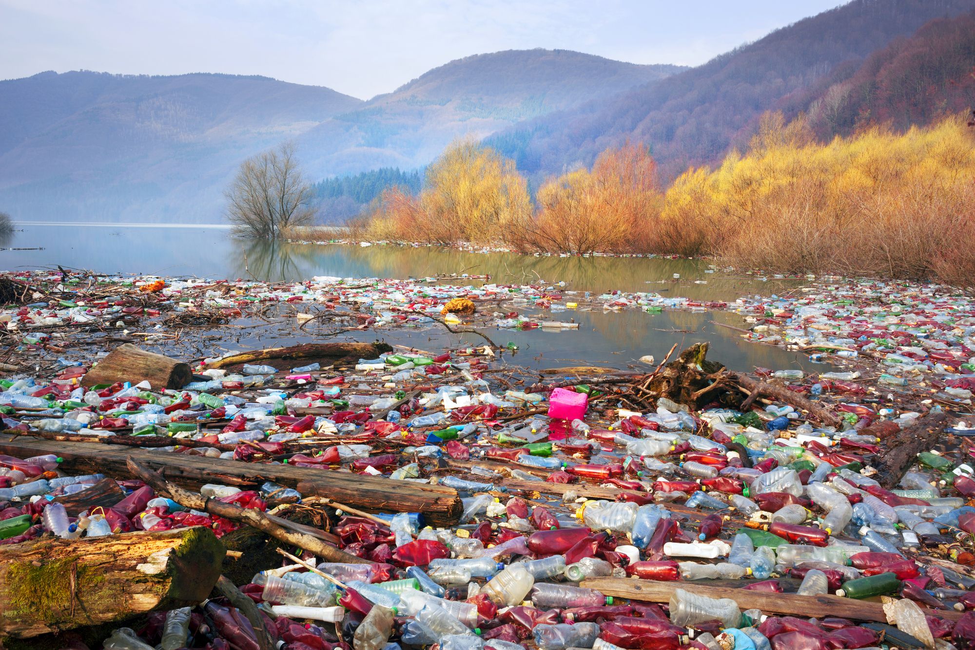 Bottles and rubbish float in a reservoir between mountains with autumn trees.